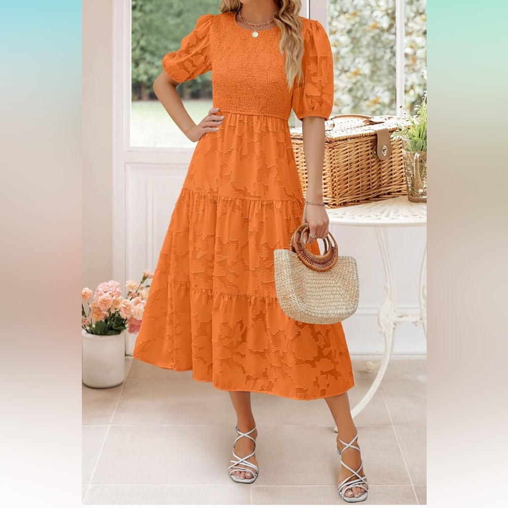 Short Puff Sleeve Crewneck Smocked Floral Lace Flowy A Line Tiered Maxi Dresses